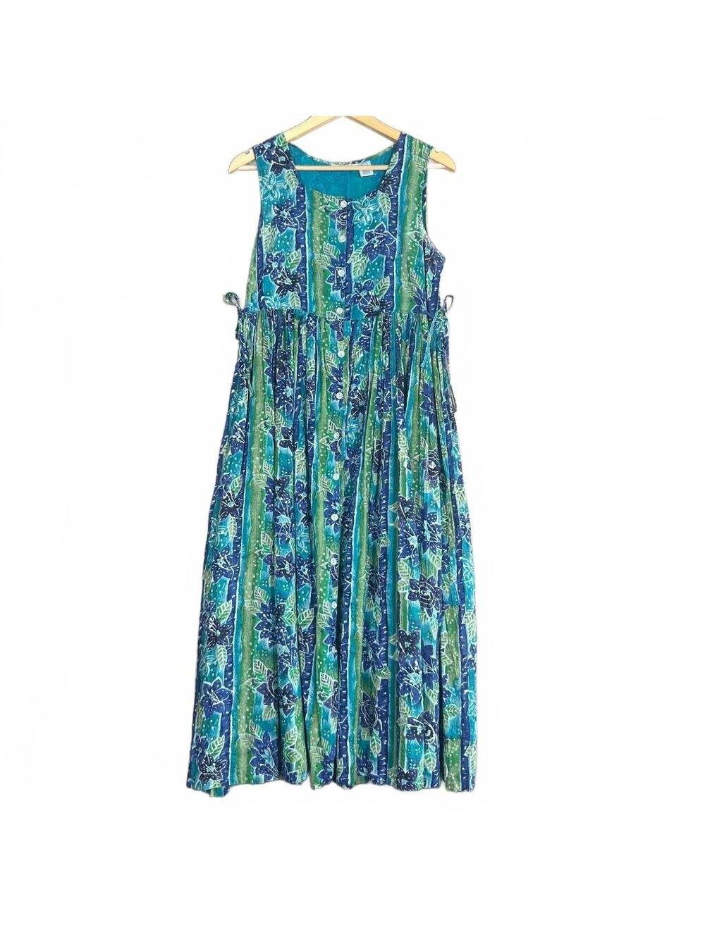 Vintage 90s La Cera Blue Green Floral Tropical Cotton Coastal Sundress Medium